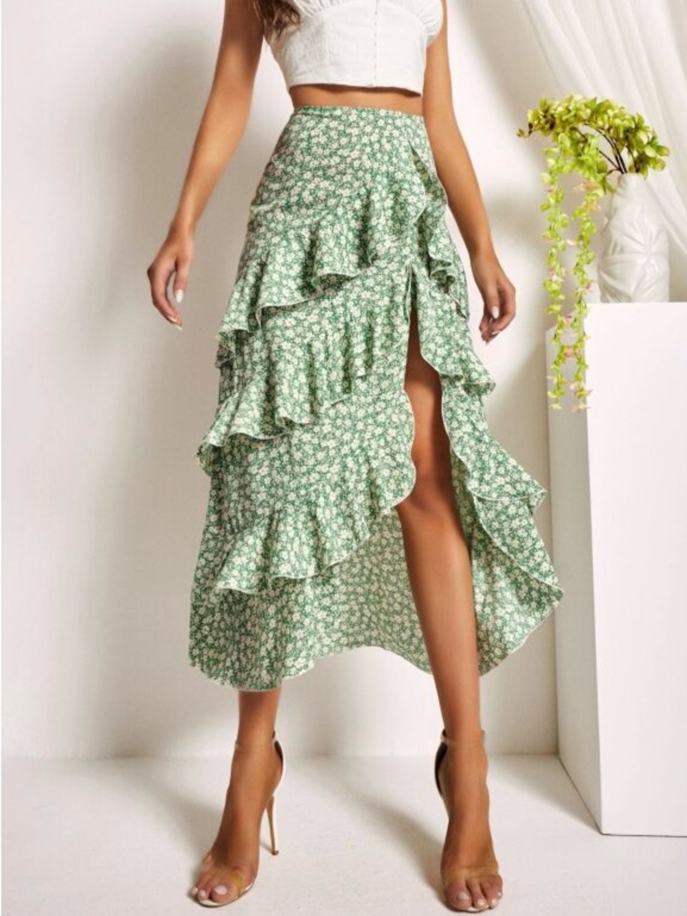 Green White Floral Ruffled Maxi Slit High-Low Bohemian Fall Skirt
